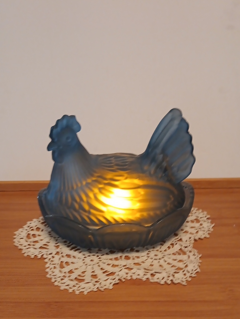 Satin Blue Hen On Nest 7 Inches Long And 5.5 Inches Wide
